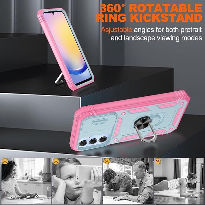 Fit for Samsung Galaxy A25 5G Phone Case with 2PCS Screen Protector, Build in 360° Rotating Ring Kickstand, Military Grade Protective Case for Samsung A25 Case Phone, Green+Pink - Image 7