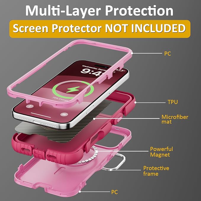 Follaroma Magnetic for iPhone 17 Pro Case with Camera Cover Stand,Pink,6.3" | Built-in Glass Camera Cover Stand,Compatible with MagSafe,Heavy Duty Shockproof Protective,Military-Grade Anti-DropDual Case - Image 6