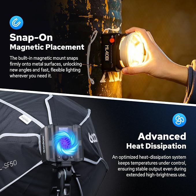 Godox ML40Bi Mini COB Video Light 40W, 26400lux@1m, Handheld Portable Bi-Color COB LED Continuous Output Lighting w/Built-in 4800mAh Battery, CRI/TLCI 96+ 0-100%, 11FX, NFC APP Photography Spotlight - Image 6