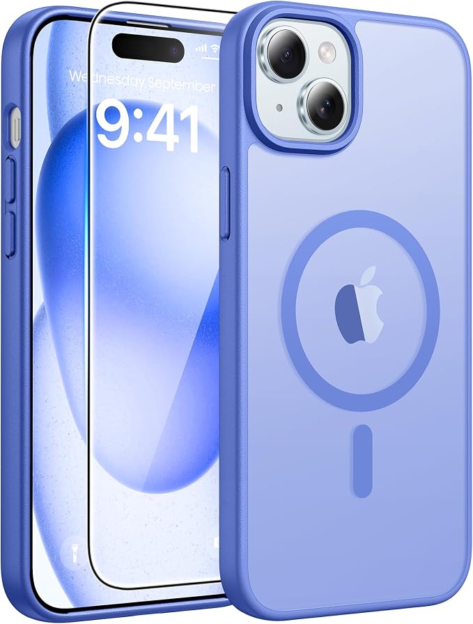 FNTCASE for iPhone 15/14/13 Case, Fit for Magsafe, Glass Screen Protector | Translucent Matte, Magnetic Phone Cases, 14FT Military Grade Drop Protection, Slim Shockproof Protective Cover, Ultramarine by FNTCASE