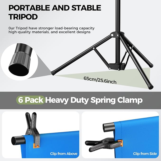 Emart 5x6.5ft Blue Screen Backdrop Kit with T-Shape Stand and 6 Clamps | Reverse folding base for easy storage & transport，perfect for Photography, Photoshoot, Studio Video Recording, Streaming - Image 6