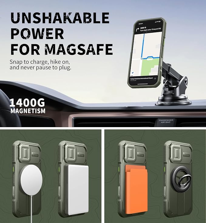 Dexnor for iPhone 17 Case with Slide Camera Cover & Adjustable Kickstand, Compatible with MagSafe, Rugged Shockproof Bumper Cases Heavy-Duty Magnetic Protective Cover,6.3 inch,Army Green - Image 7