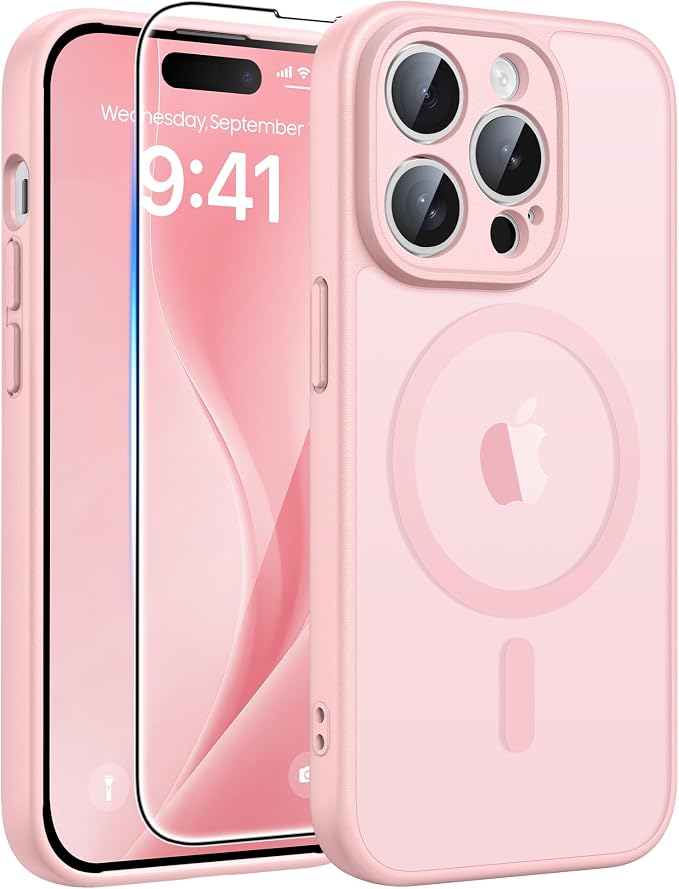 FNTCASE for iPhone 14 Pro Max Case, Fit for Magsafe, Glass Screen Protector | Full Camera Protection, Translucent Matte, 14FT Military Grade Drop Proof, Shockproof Protective Phone Cover, Light Pink by FNTCASE