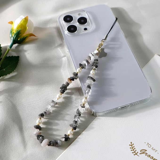 Phone Chain Phone Wrist Strap Natural Gemstone Phone Charms Cell Phone Lanyard Beaded Phone Strap for Women Girls(Black) - Image 4