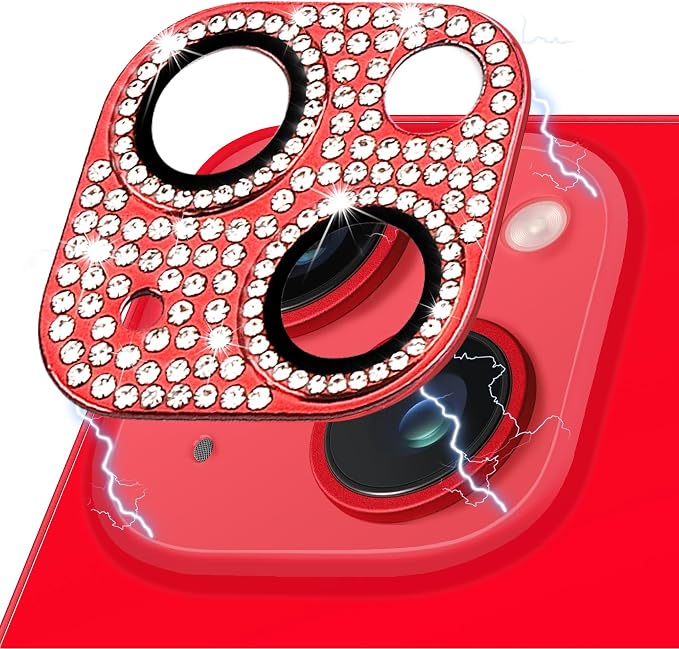 Designed for iPhone 14 and 14 Plus Camera Lens Protector, Bling Rhinestone Sparkle Diamond 9H Tempered Glass Lens Cover Shockproof Full Protective Camera Cover, Red by Hsefo
