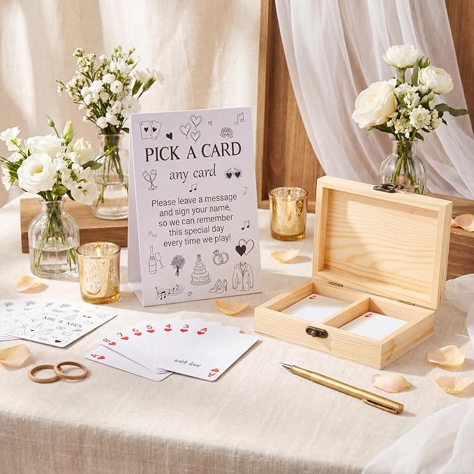 AceOrbit 57 Pack Wedding Party Guest Book Playing Cards Set with Wooden Box | Wedding Signing Guestbook Alternative Personalized Blank Deck of Cards for Guest Reception Vegas Bridal Shower Games - Image 2