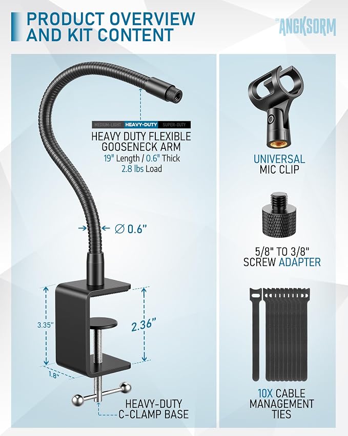 KC32 19-Inch Gooseneck Mic Stand, Heavy-Duty Desk Clamp for Podium | Flexible Arm Microphone Holder, Lectern Mount, 5/8-27 Thread, 3/8-16 Adapter, Mic Clip, Podcast, Pulpit, Studio, 2.8 lb Load - Image 2