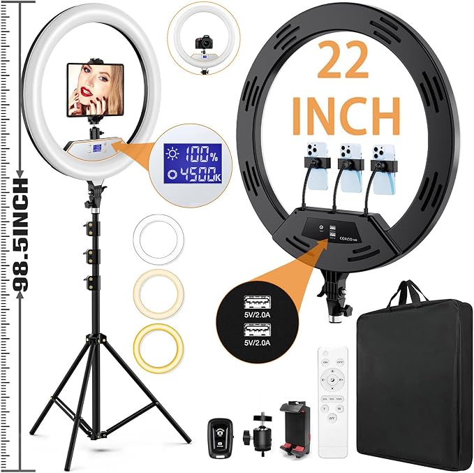 MACTREM Large 22" Ring Light for iPad iPhone with 75" Tripod Stand Barber | LCD Display,2 Usb Ports, Fits Ipad/Tablet 12.9", 2600k-6500k Color Temperature, for Barber/Tattoo Tiktok Video Recording Vlog by MACTREM