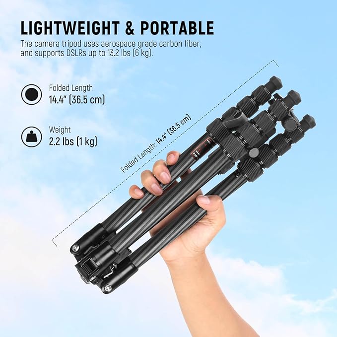 NEEWER Carbon Fiber Camera Tripod Monopod, 65" Lightweight Compact Portable Travel DSLR Video Stand, 360° Ball Head, Anti Slip QR Plate, Inverted Central Axis, Reversible Legs, Max Load 13.2 lbs, TP39 - Image 2