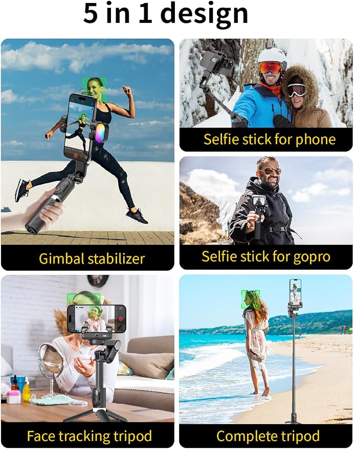 AOCHUAN Gimbal Stabilizer for iPhone Gimbal w/360° Rotation-M1 Pro Black | Auto Face Tracking and Wireless Remote for TIK Tok, YouTube, Vlog, 4 in 1 Gimbal Stabilizer Sefie Stick Tripod - Image 6