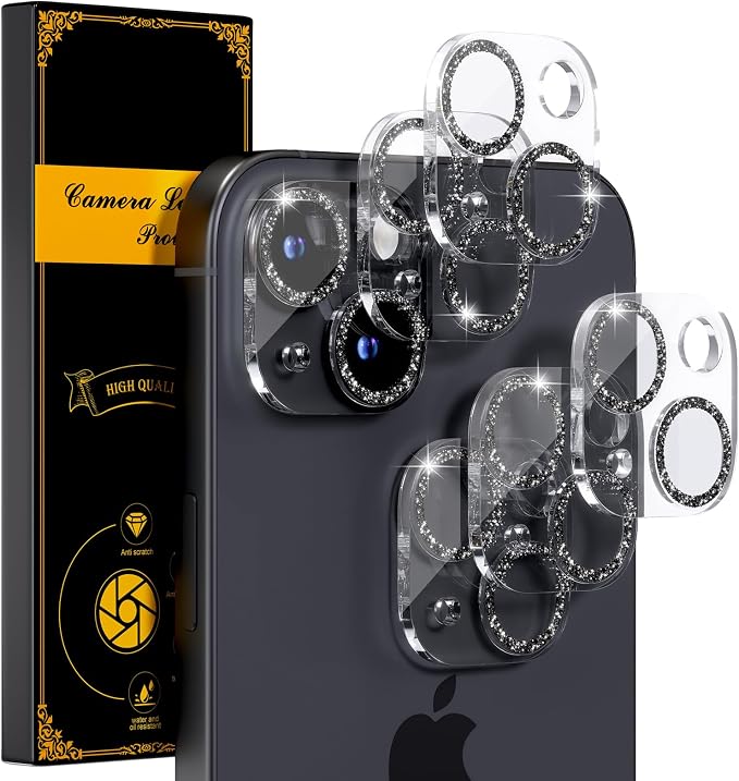 for 6 Pack iPhone 15 / iPhone 15 Plus Camera Lens Protector [Drop Protection] [Case Friendly] [Easy Installation] 9H Tempered Glass Camera Screen Protector Cover Accessories, Glitter Black by Beuxece