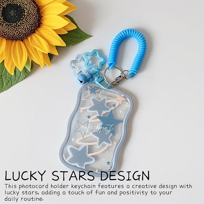 2 Pieces Creative Lucky Stars Photocard Holder Keychain Protective Sleeves - Transparent Cover Case for Bus Card, Student ID, and Photo Display (Rose Red, Blue) - Image 4