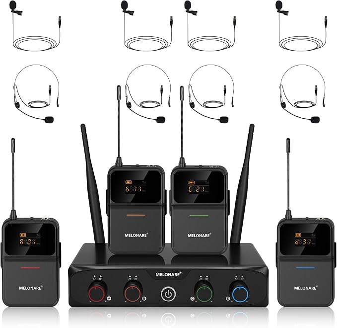 MELONARE Compact 4-Channel UHF Wireless Microphone System MWM-41-4B | 4 Headset/Lapel Microphones, 4 x 10 Frequencies, 200 ft Range, Hands-Free Vocals, Church, Conference by MELONARE