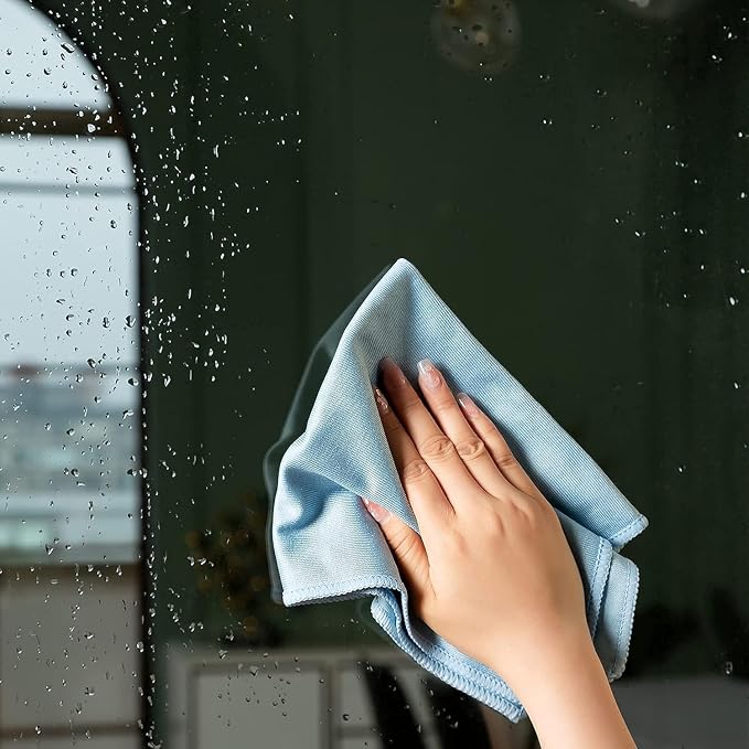 Puomue 12 Pack Microfiber Glass Cleaning Cloth, 12 Inch x 16 Inch, Lint Free Quickly Clean Windows, Mirrors, Glasses, Phone Screens, Camera Lenses, Blue - Image 4