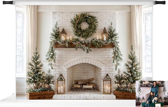 Kate Christmas Backdrops White Theme Fireplace Xmas Backdrop Family Holiday Party Decoration Props, 7x5ft by KateBackdropforPhotography