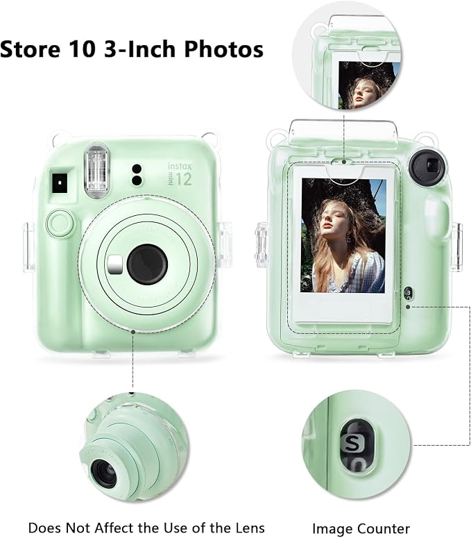 Rieibi Instax Mini 12 Accessories Gift Bundle: Clear Case with Strap, Photo Album, Selfie Mirror, Color Filters, DIY Stickers - Green - Image 3