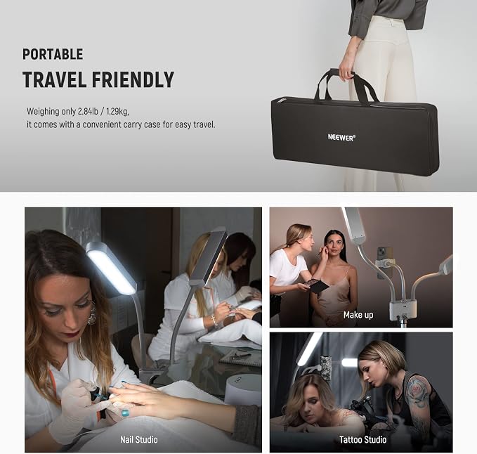 NEEWER Esthetician Light with Phone Holder & Travel Bag Kit, Support 2.4G/PC/MAC Control & Separate Control of 2 LED Light Heads, CRI98+ Bi Color Stepless Dimmable Tattoo Lighting Lash Lamp, BH40B - Image 5