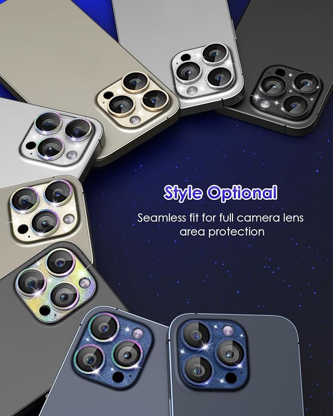 Compatible for iPhone 15 Pro/iPhone 15 Pro Max Camera Lens Protector Glitter Plus 9H Tempered Glass Screen Camera Cover Titanium Glitter Black - Image 6
