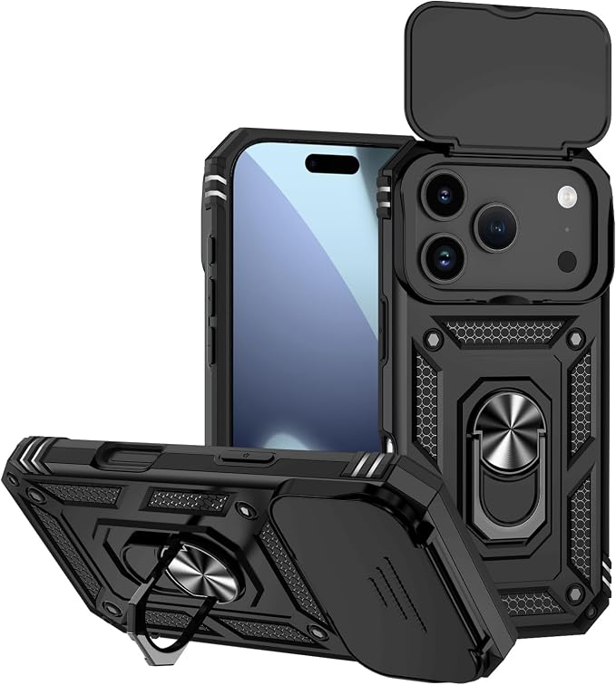 SunStory Phone Case for iPhone 17 Pro Case with HD Screen Protector & Slide Camera Cover & Rotated Ring Kickstand, [Military-Grade] Phone Case for iPhone 17 Pro, Black - Image 9