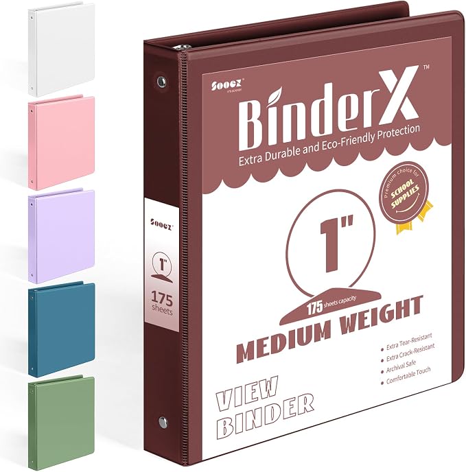 BinderX 3 Ring Binder 1 Inch, 1" Clear View Binder, Burgundy Red, Letter | Extra Durable, PVC-Free, Customizable, Interior Pockets, 175-Sheet Capacity, Eco-Friendly, Reinforced Hinge, School, Office by Sooez