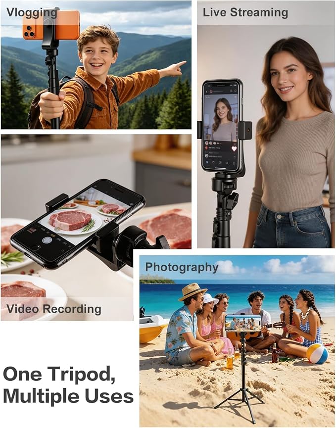 63" Phone Tripod with Remote, Phone Stand Tripod for iPhone | Extendable Cell Phone Tripod for Video Recording; Sturdy Metal Adjustable Tripod Stand for iPhone Android Camera & Ring Light - Image 6