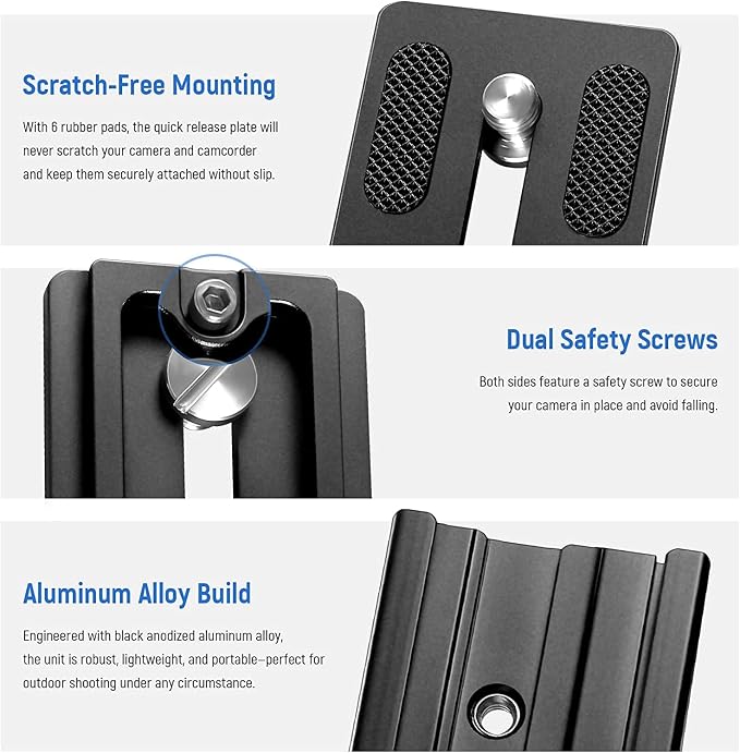 NEEWER Quick Release Plate with Clamp Adapter Set, 120mm QR Plate with Clamp, 3/8"&1/4" Screw, Bubble Level, 3/8” to 1/4” Screw Adapter, Compatible with Arca Swiss Tripod Monopod Ball Head - Image 2