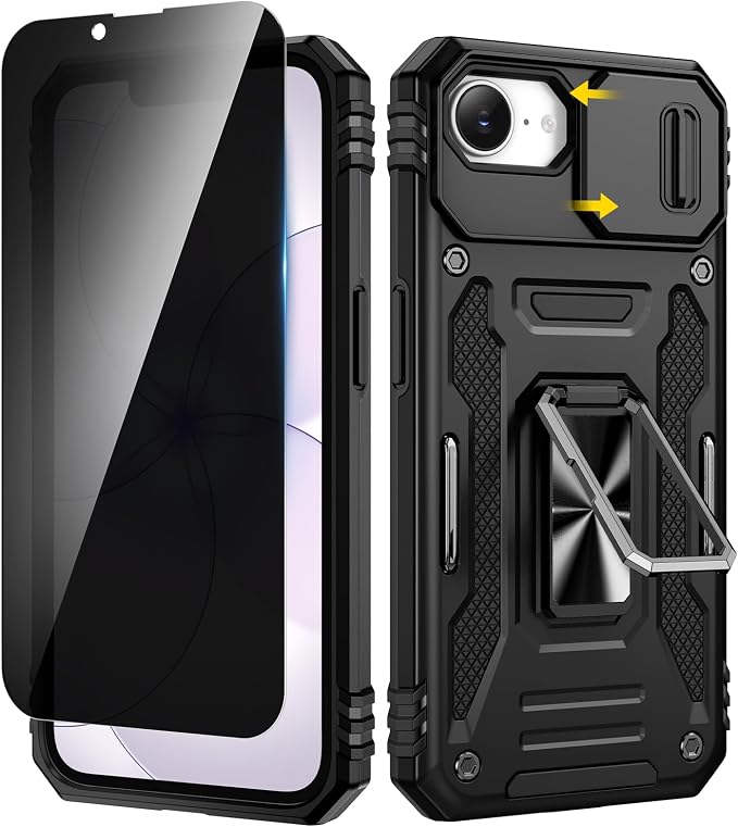 VEGO for iPhone 17e/ iPhone 16e Case with Privacy Screen Protector Black | Slide Camera Cover & Ring Kickstand Military Grade Heavy Duty Protection Cover for iPhone 17e 5G 6.1 Inch - Black by VEGO