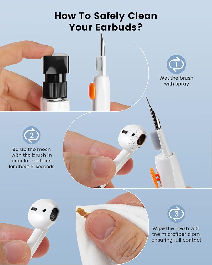 20-in-1 AirPod Cleaning Kit Pro 4 3 2 1 Cleaner Tool for Earbud Phone | Multifunction Deep Cleaning Headphones Keyboard Screen with Soft Brush, Metal Tip, Flocking Sponge, 15ml Spray, Cloth, Putty - Image 2