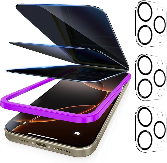 Fotbor [3+3 Pack Privacy Screen Protector for iPhone 16 Pro Max, 26° Anti-Spy & Blue Light Filter Tempered Glass with 3 Camera Lens Protectors, 3X Reinforced, Easy Alignment by Fotbor