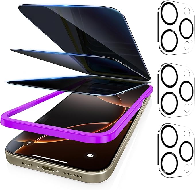 Fotbor [3+3 Pack Privacy Screen Protector for iPhone 16 Pro, 26° Anti-Spy & Blue Light Filter Tempered Glass with 3 Camera Lens Protectors, 3X Reinforced, Easy Alignment by Fotbor