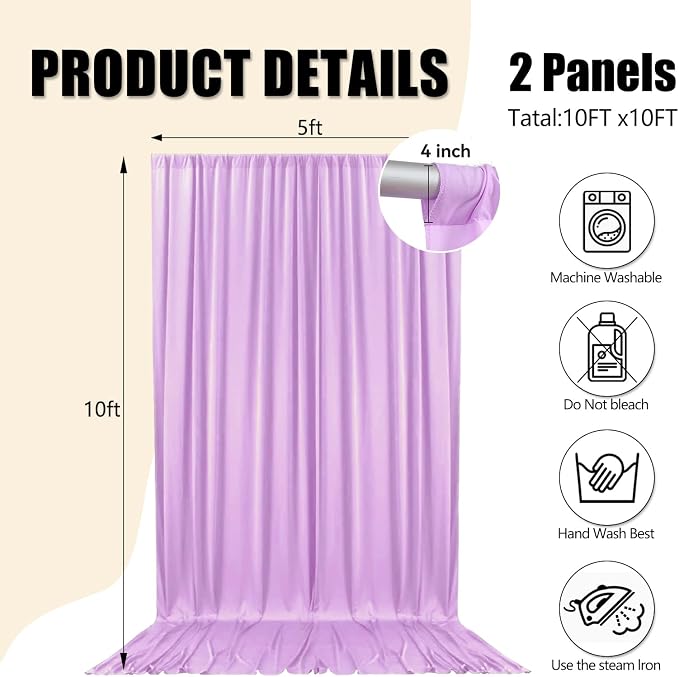 10ft x 10ft Light Purple Backdrop Curtains for Parties, Polyester Fabric Backdrop Drapes with Rod Pockets for Weddings, Birthday, Halloween, Photography, Christmas Party Background Curtain, 2 Panels - Image 2