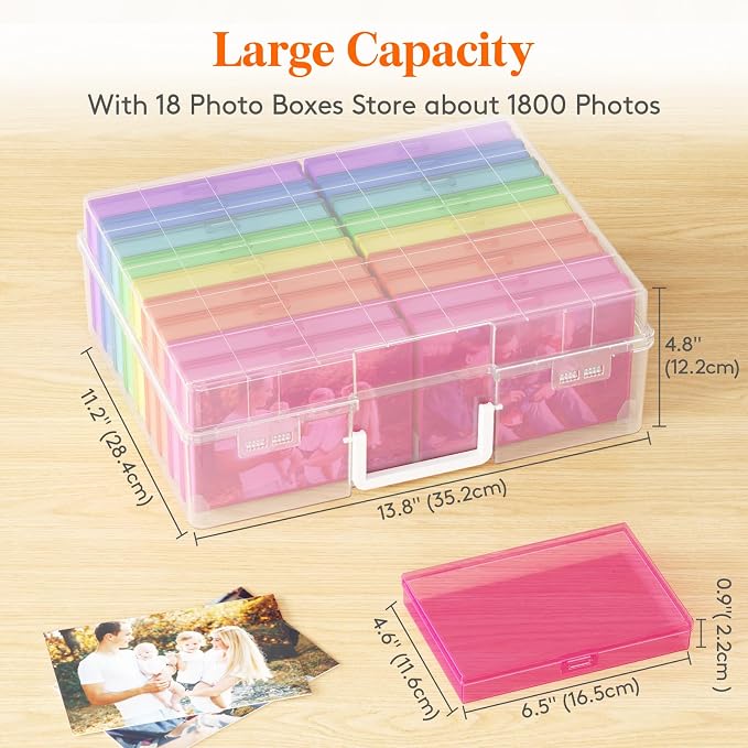 Lifewit 18 Pcs Photo Storage Box for 4"x 6" Pictures, Acid-Free, Multicolor | 1 Pcs Transport Outter Case with Handle& Labels, Container for Cards, Sticker, Seed, Scrapbooking, Craft, Classroom Supplies - Image 3