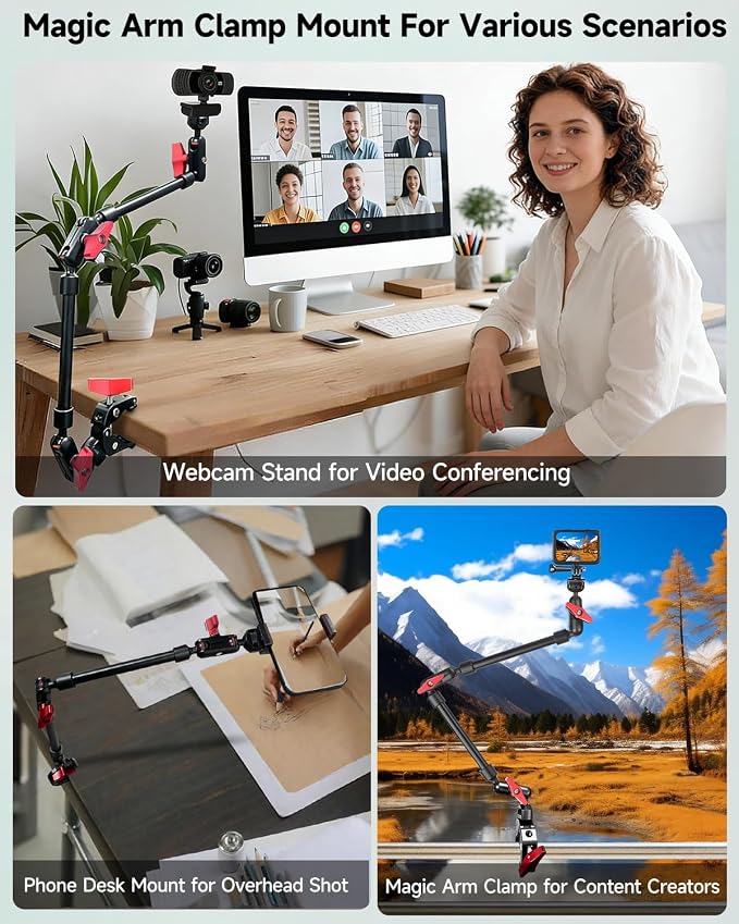 22" Magic Arm w Clamp Mount, Overhead Desk Phone Mount Stand, Adjustable Articulating Friction Camera Boom Arm w 1/4" Thread for Phone Video Light Webcam Action Camera Tripod Mic (Pack of 2) - Image 2