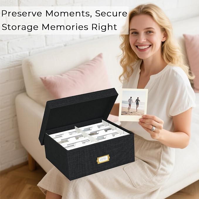 Decorative Photo Storage Box, 2 Pack Linen Photo Box Hold 1700 4x6 Pictures | Photo Storage Containers with 8 Dividers, Memory Keepsake Organizer for Photos, Scrapbook Supplies, Cards, Stamps, Black - Image 5
