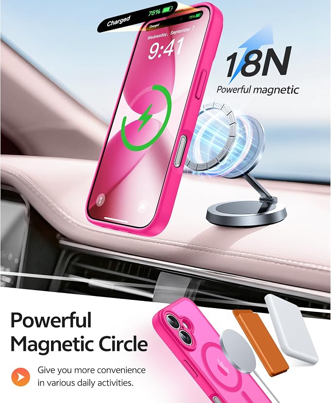 FNTCASE for iPhone 17 Case, Compatible with Magsafe, Glass Screen Protector | Full Camera Protection, Translucent Matte, 14FT Military Grade Drop Proof, Shockproof Protective Phone Cover, Hot Pink - Image 3