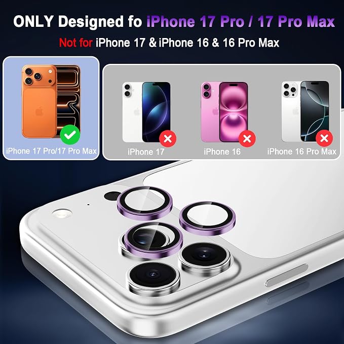 Meshine for iPhone 17 Pro/17 Pro Max Camera Lens Protector,Scratch Proof,Strong Adsorption,9H Hardness with Metal Ring Camera Cover,Ultra Thin Case Friendly, Accessories Lens Protector,Deep Purple - Image 2