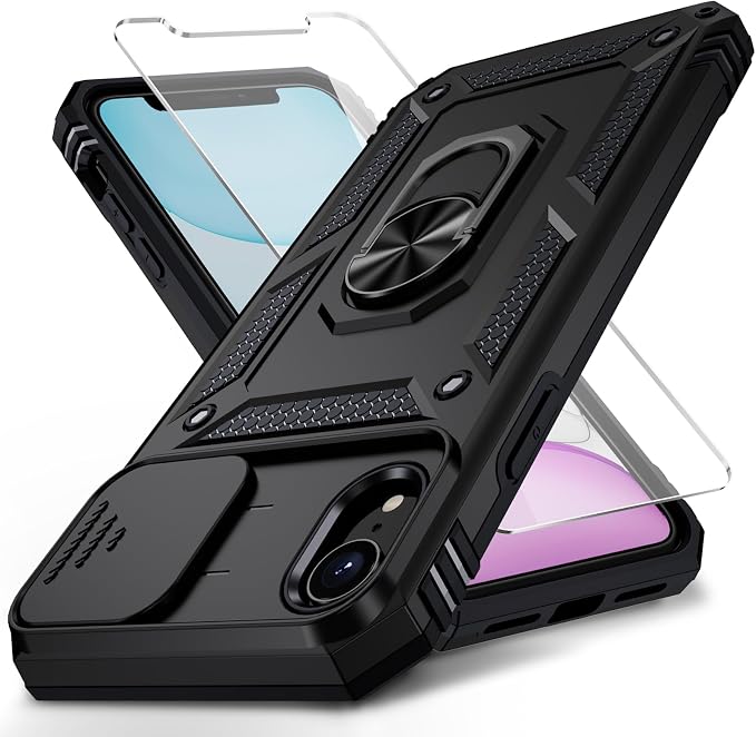 for iPhone XR Case with Camera Lens Cover, HD Screen Protector, 10 FT Military Grade Drop Protection, Magnetic Ring Holder Kickstand Protective Phone Case, Black by Weycolor