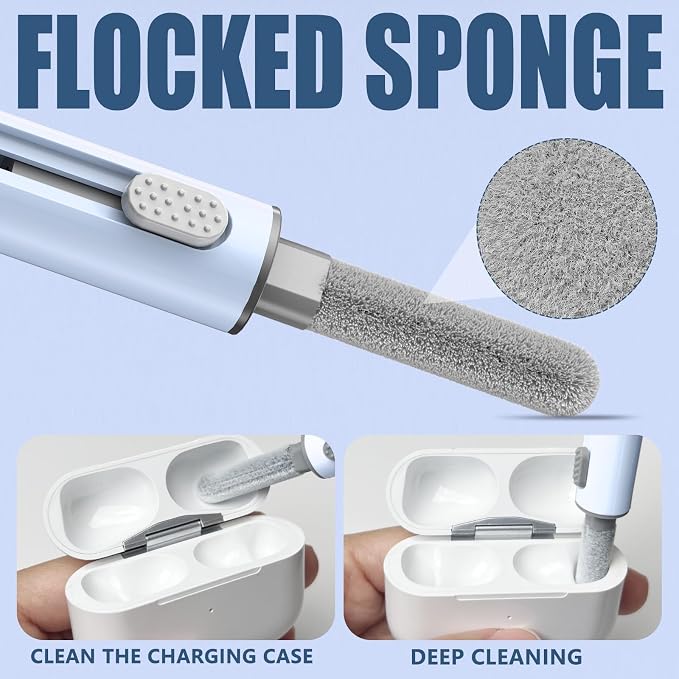 Inesore for AirPod Cleaning Kit, for Phone Earbuds Electronics (Blue) | Metal Tip, High-Density Soft Brush, Flocked Sponge Tip, 3 in 1 Design, Compact & Lightweight, Easy Operation, Easy to Carry - Image 3