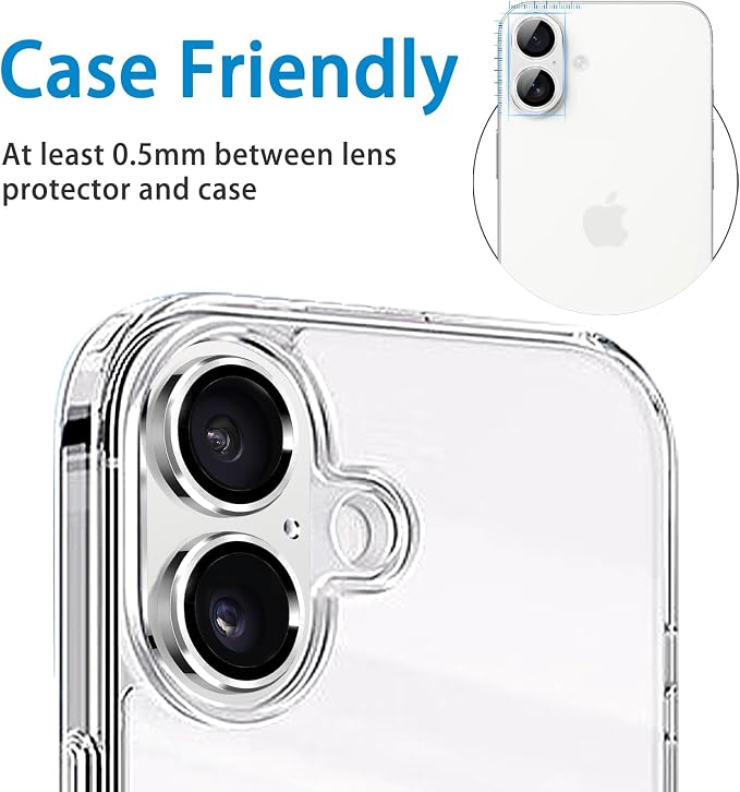 Compatible with iPhone 16 and 16 Plus Camera Lens Protector, Anti-Scratch Tempered Glass Metal Camera Screen Protector Shockproof Full Protective Lens Cover, Silver - Image 6
