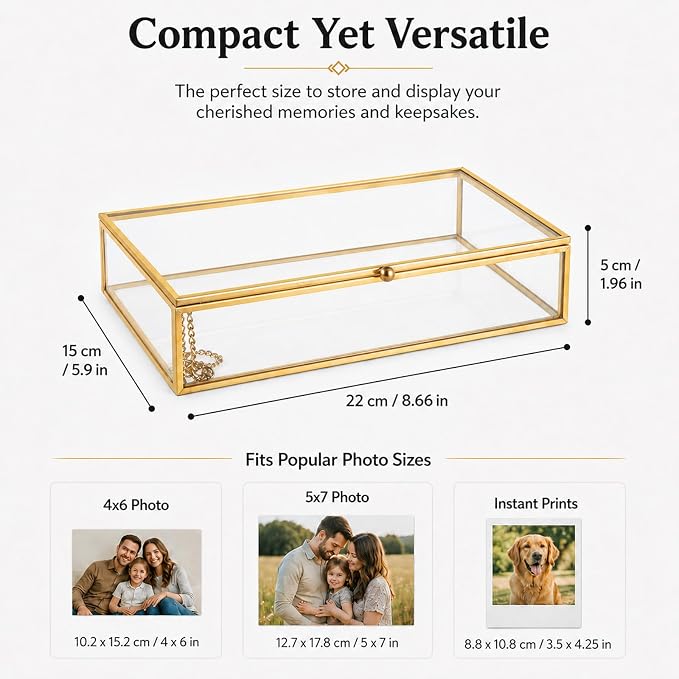 Feyarl Gold Glass Photo Cards Display Box Jewelry Trinket Ring Earring Post Cards Decorative Keepsake Box for Wedding Home Deco Dresser Coffee Table (8.66 x 5.9 x 1.96inch) - Image 3