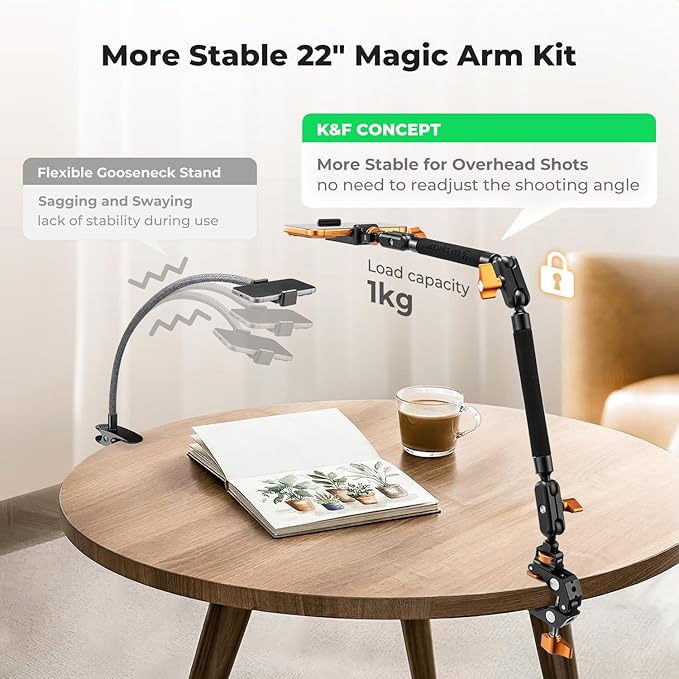 K&F CONCEPT 22" Magic Arm Clamp Kit, Overhead Desk Camera Mount, Long Articulating Friction Boom Arm for Phone, Action Camera, LED Light, Microphone | Long Articulating Friction Boom Arm for Phone, Action Camera, LED Light, Microphone, MS63 - Image 2