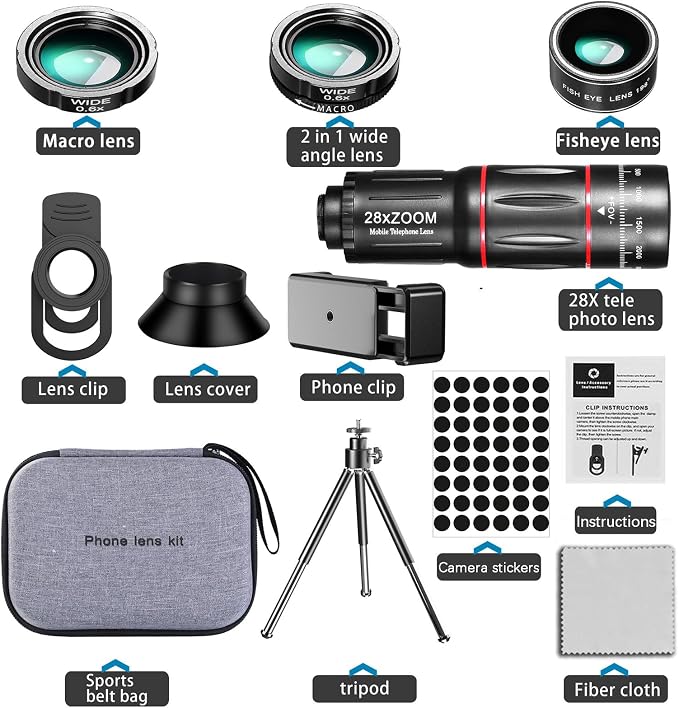 Phone telephoto lens28X, | 0.6X Wide Field of View, 20X Macro Exploration, 198 ° fisheye Creativity, Compatible with Mainstream Smartphones (Black) - Image 2
