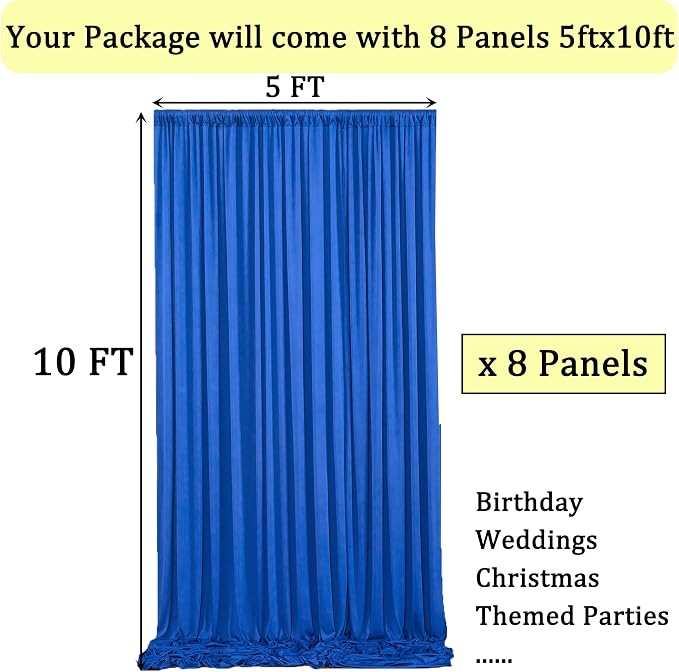 40ftx10ft Wrinkle Free Royal Blue Backdrop Curtains for Parties, 8 Panels 5x10ft Silky Polyester Photo Backdrop Drapes for Weddings Birthday Photography Background Curtains - Image 6