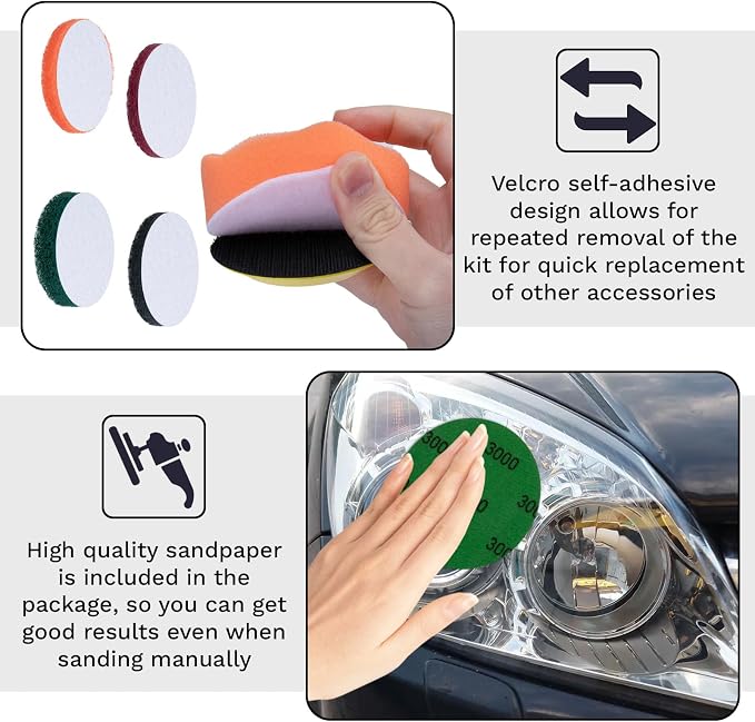 BFXM 38Pcs Car Headlight Restoration Kit, 3 Inch Headlight Polishing Kit | Headlight Cleaning Kit with Sanding Disc Scouring Pad Polishing Pad for Drill, Universal Automotive Tools for Car Headlight - Image 3