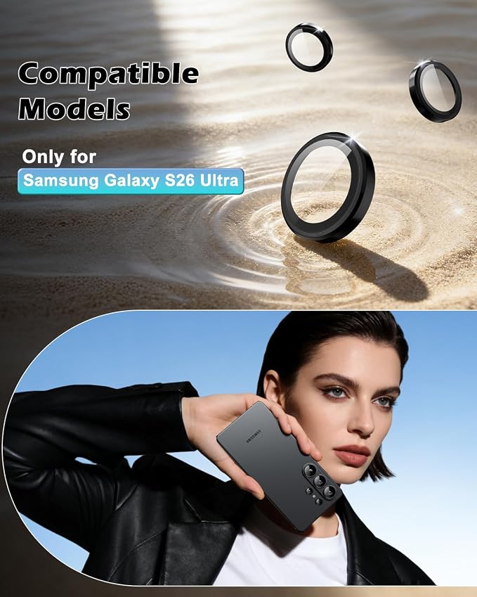 CloudValley for Samsung Galaxy S26 Ultra Camera Lens Protector | 9H Tempered Glass + Aluminum Alloy Lens Protective Ring Ultra-HD Individual Lens Cover,Black - Image 2