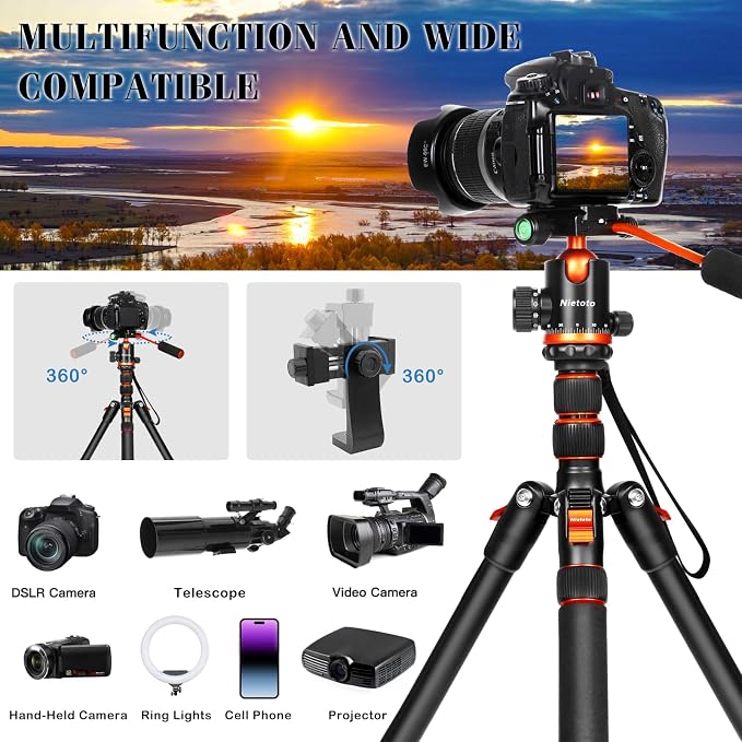 2 in 1 Camera Tripod & Hunting Stand Foldable, 68" Ball Head Tripod for Camera and Phone, Heavy Duty Tripod for DSLR Camera Lasers Binoculars Telescope Spotting Scope, Min Size 16.5" with Bag - Image 4