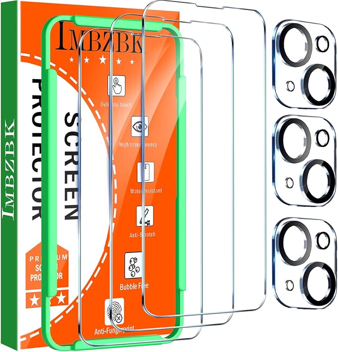 IMBZBK Screen Protector for iPhone 14, Tempered Glass, 3+3 Pack | 9H+ Hardness, Military Grade Shatterproof, Case Friendly, Bubble Free Easy Installation Frame, with 3 Camera Lens Protectors by IMBZBK