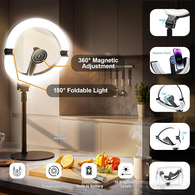 Magnetic Desk Ring Light with Stand,5000mAh Rechargeable,10" Foldable | 3 Colors & 10 Levels Brightness,Memory Function,Selfie Light for Live Stream,Makeup,Video - Image 4