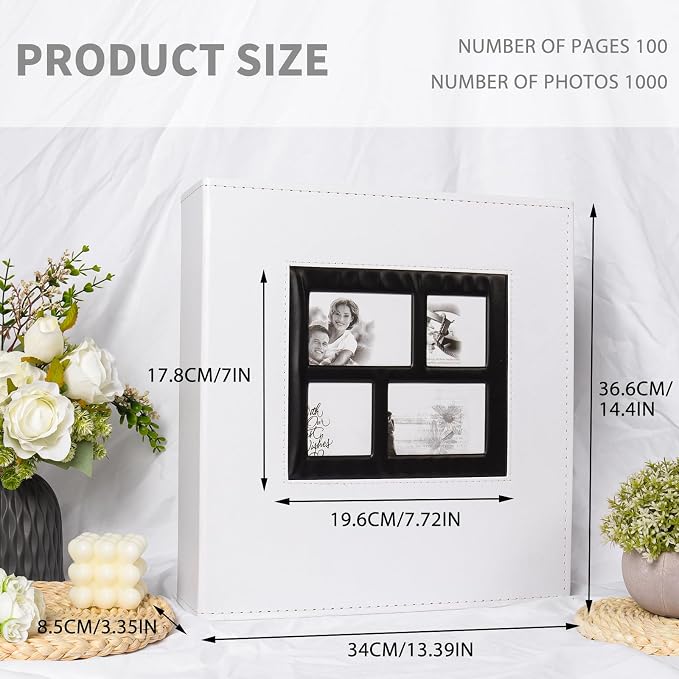 RECUTMS Photo Album 4x6 1000 Pockets Leather Large Wedding Albums White | Extra Large Capacity, Black Page, Horizontal and Vertical Pockets, Birthday Family Memory Pictures Book, DIY Cover Window - Image 2