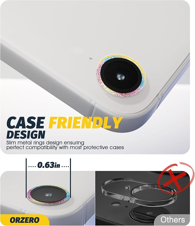 (3 Pack) Orzero Camera Lens Protector for iPhone 17e / iPhone 16e, [EZ Install] [Case-Friendly] 9H Tempered Glass Bling Lens Cover Accessories, Military-Grade Shockproof, HD Clarity Anti-Glare - Glitter Colorful - Image 4